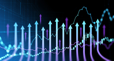 Poster - Forex graph data and arrows with growing lines, financial diagrams