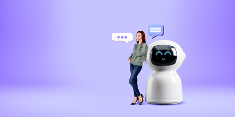 Poster - Woman call on smartphone, standing near robot on copy space empty background