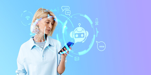 Poster - Woman with smartphone in hand, AI social network hologram hud