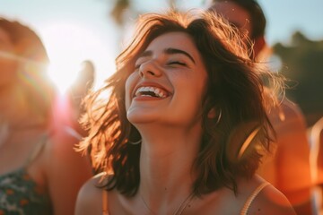Wall Mural - Joyful young woman laughing with sunlit crowd in background, conveying happiness and carefree summer vibes.