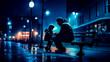 Man and child sitting on bench in the rain at night.
