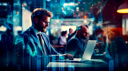 Man sitting at table with laptop in front of him and other people in the background.