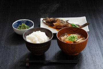 Canvas Print - カサゴの煮魚定食、和食、豚汁とご飯