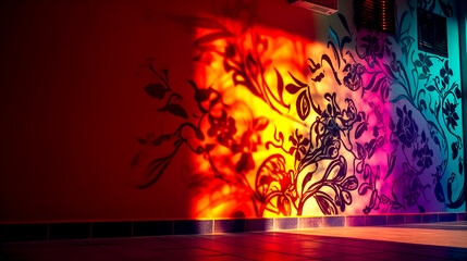 Room with red wall and painting of flowers on the wall.