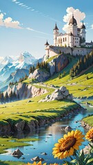 Wall Mural - The view of the mountains is full of green grass and beautiful flowers with a bright blue sky, the shining sun dazzles the eyes. Anime mountains wallpaper.
