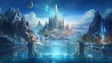 Illustration Of The City Of Atlantis With Magnificent Sky Background.
