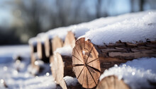 Snow On Wood Logs Cut