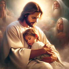Wall Mural - Jesus hugging young man with love