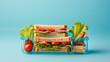 Vibrant School Lunch: Delectable Sandwiches and Fresh Snacks on Blue Background, Perfect for Advertising and Copy Space