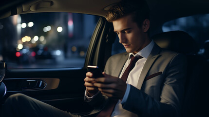 Wall Mural - Caucasian businessman playing with cell phone in car.