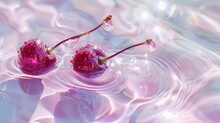 Cherries In Pink Water With Light Reflections Wallpaper, Generative Ai