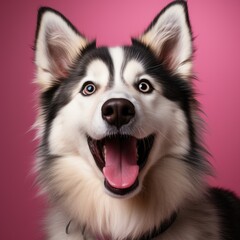 Wall Mural - Photo portrait of charming funny alaskan sled dog sitting floor breathing tongue out isolated pink color background Generative AI