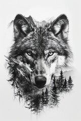  Wolf's Gaze: Double Exposure with Forest Canopy