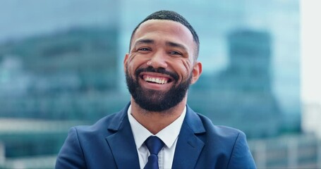 Poster - Laughing, city and face of business black man with confidence, pride and happy in urban town. Corporate manager, professional worker and portrait of entrepreneur for career ambition, working and job