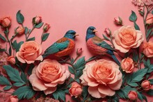 Floral Symphony Generative AI's Bird And Rose Botanical Elegance On Colorful Canvas