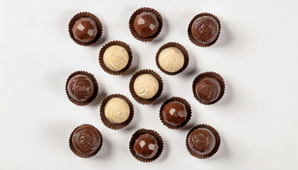 Top view delicious chocolate candy on a white background, sweet tasty food