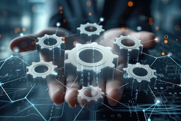 Aufkleber - Gears icon on screen, Manager touching interface, Businessman draw graph growth of business and analyzing data with icon customer network connection on virtual interface. Generative AI.