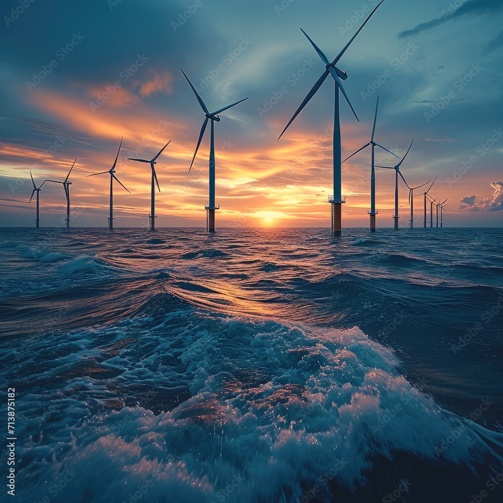 An offshore wind farm with turbines in the ocean, Gentle waves at the ...