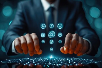 Leinwandbilder - Searching and managing corporate files information, Businessman pressing multimedia type of modern buttons with virtual background, Document Management System. Generative AI.