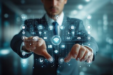 Leinwandbilder - Searching and managing corporate files information, Businessman pressing multimedia type of modern buttons with virtual background, Document Management System. Generative AI.