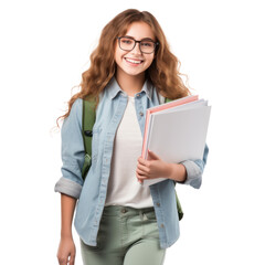 Smiling active excellent best student schoolgirl holding books on transparency background PNG