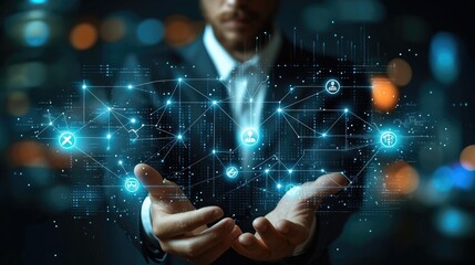 Aufkleber - Digital marketing and technology, Businessman draw graph growth of business and analyzing data with icon customer network connection on virtual interface. Generative AI.