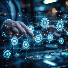 Poster - Manager touching interface, Businessman draw graph growth of business and analyzing data with icon customer network connection on virtual interface. Generative AI.