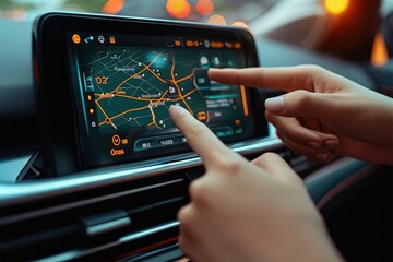 Poster - A man with his hand is pointing to the touch screen of his car. Generative AI.