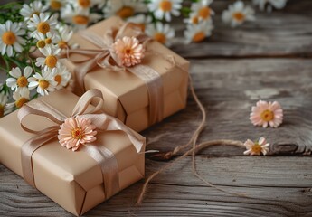 Wall Mural - wrapped gifts with flowers on a wooden background