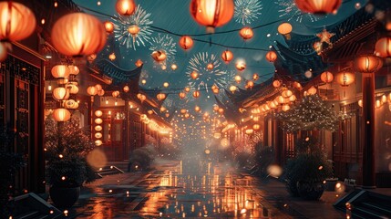 Congratulating the new year, Exterior fireworks, Lanterns, Chinese traditional landscape style. Generative AI.