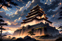 The Royal Castle Of The Emperor Of Japan During Shogunate Era Stands Majestic Against Billowing Clouds In The Sunset. A Imposing Japanese Fortress In Feudal Times At Dusk. Dramatic Landscape Art.