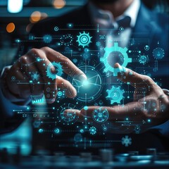 Aufkleber - Manager touching interface, Businessman draw graph growth of business and analyzing data with icon customer network connection on virtual interface. Generative AI.
