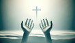 © Faith Stock - Hands and the cross on the sky background.