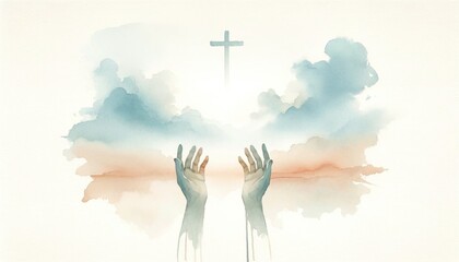 Canvas Print - Watercolor illustration of hands with a cross in the sky and clouds