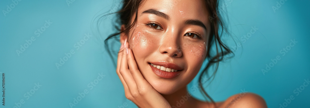 Asian girl with beautiful face smiling with natural makeup, touching ...