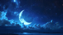 Landscape Background Of Ocean At Night With A Crescent Moon Night Sky