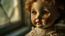Close-up Portrait Of A Vintage Porcelain Doll, With A Visible Crazing Texture On Its Face To Give An Impression Of Antiquity And Delicate Fragility.