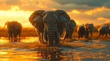 Elephants Enjoying A Refreshing Mud Bath In The Heart Of An African Savannah