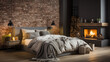 Bed with blue pillow and coverlet near fireplace. Loft interior design of modern bedroom with brick wall. Generative ai
