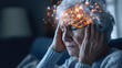 Senior woman with headache at home with highlighted brain, stressed depression migraine concept