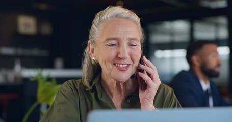 Aufkleber - Senior, woman and phone call with communication in cafe for networking, conversation and business chat. Entrepreneur, person and smartphone with laptop for planning, consultant and talking to client
