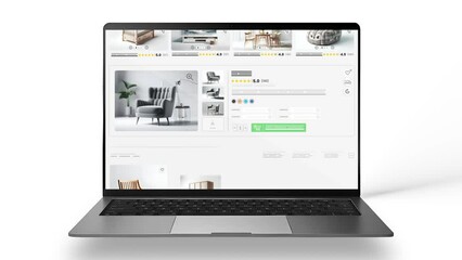 Furniture website animation. E-commerce and shopping products. Household goods sales webpage. Laptop mockup.