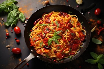 Canvas Print - Tasty Pasta Puttanesca and spices in frying pan on light background