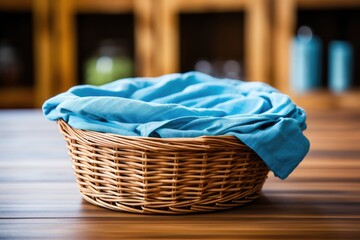 Canvas Print - Closeup of wicker basket with blue napkin on wooden table