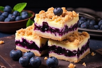 Wall Mural - Blueberry filled cheesecake bars with streusel and blueberries