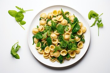 Wall Mural - Italian pasta dish Orecchiette with turnip greens on a light background Healthy plant based meal Top view