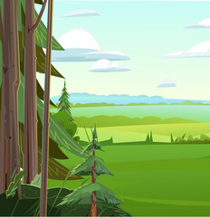 Wall Mural - edge of coniferous forest. summer trees. scenery landscape. fun cartoon style. vector