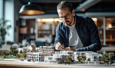 Poster - focused architect reviewing a detailed architectural model of urban buildings in a well-lit modern o