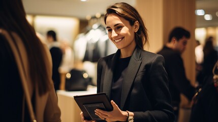 a candid, documentary-style shot of a warm and attentive female fashion store associate with an ipad