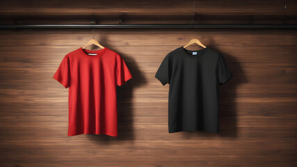 Wall Mural - Red nd black cotton t-shirt, hanging using wood colore hanger